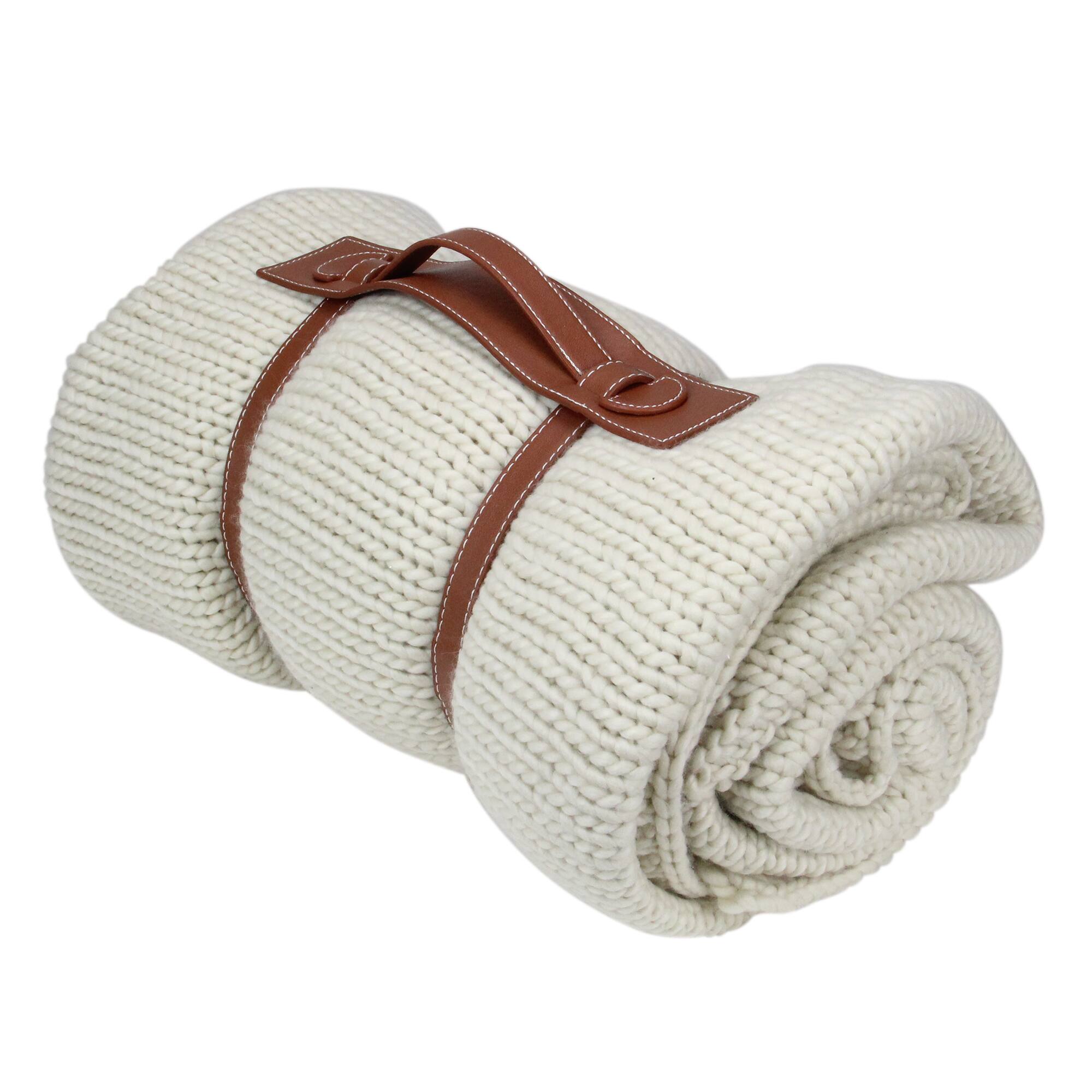 Ivory Knitted Throw Blanket with Carrying Band